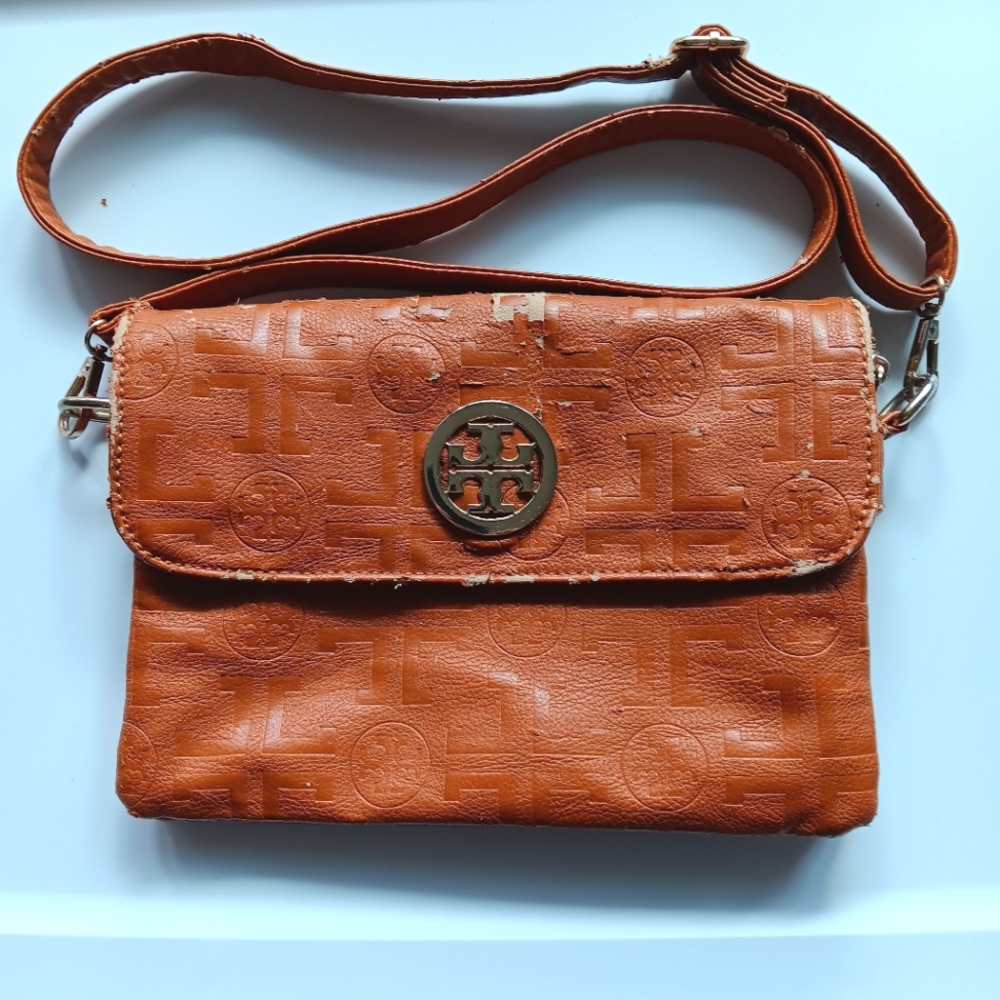 Tory Burch Leather Slim Saddlebag Crossbody Adjustable Strap Light Brown Purse